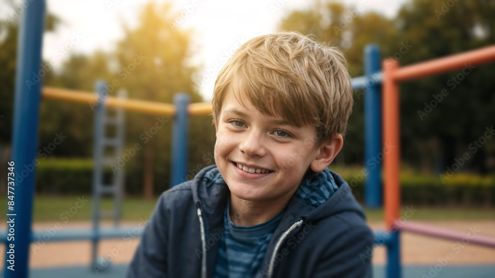 Happy boy at playground in casual jacket, smiling child enjoying outdoor activities, childhood fun and joy concept Happy boy at playground in casual jacket, smiling child enjoying outdoor activities, childhood fun and joy concept