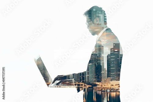 Businessman Using Laptop with business city Double Exposure on white background. photo