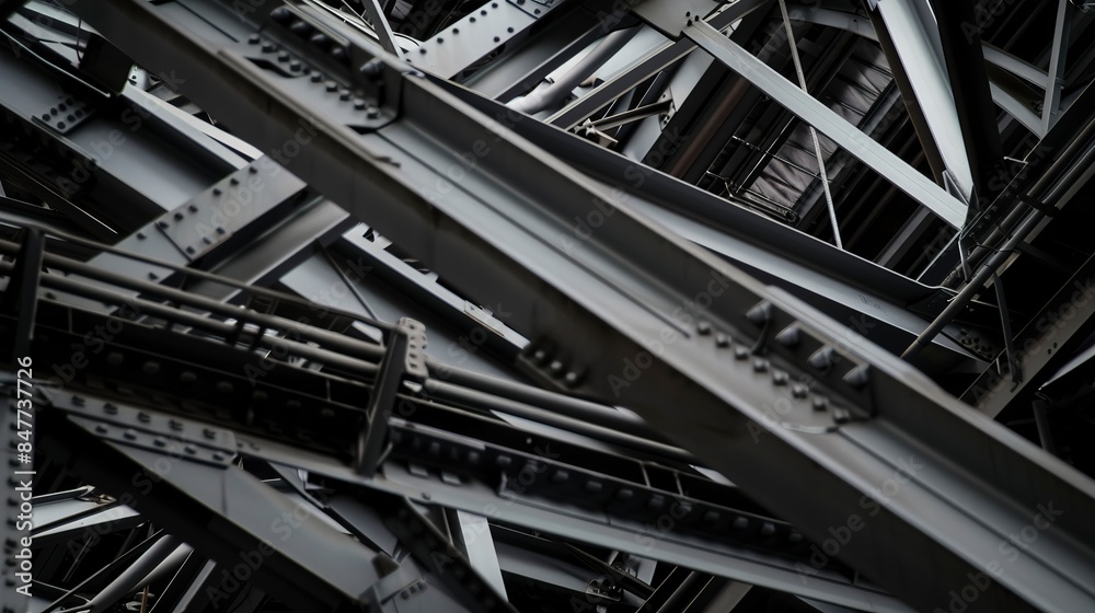 Close-up of factory steel beams, intricate architecture, no people, cool gray tones, sharp focus, dim lighting Close-up of factory steel beams, intricate architecture, no people, cool gray tones, sharp focus, dim lighting