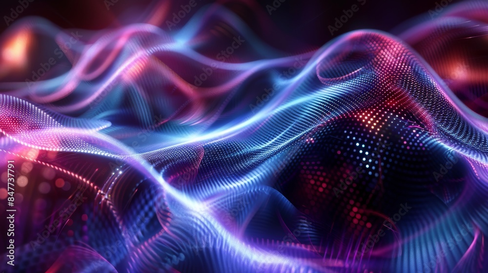 abstract Dynamic digital wave pattern with illuminated dots in shades of blue and purple, resembling futuristic technology