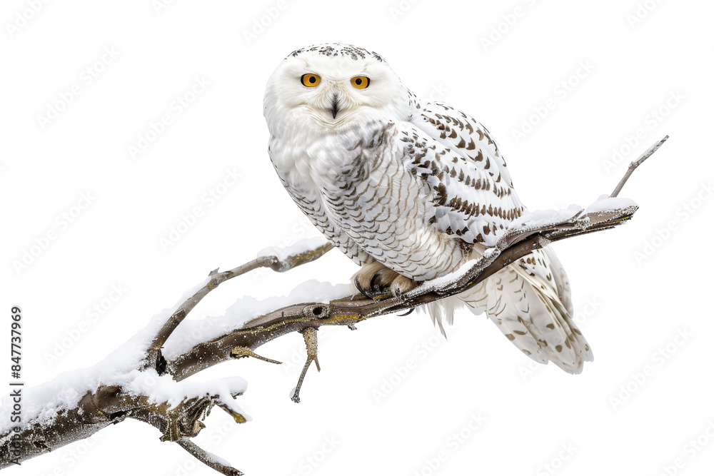 Obraz premium Snowy owl perched on a snow-covered branch, with piercing yellow eyes and detailed feathers, in a winter scene. High-resolution wildlife photo.