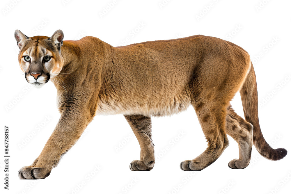 Fototapeta premium Majestic mountain lion posing. Beautiful wild feline with tan fur and piercing eyes, in a natural standing pose.