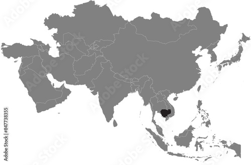 Highlighted black map of CAMBODIA inside dark grey detailed blank political map of Asia using orthographic projection on transparent background, without Russia