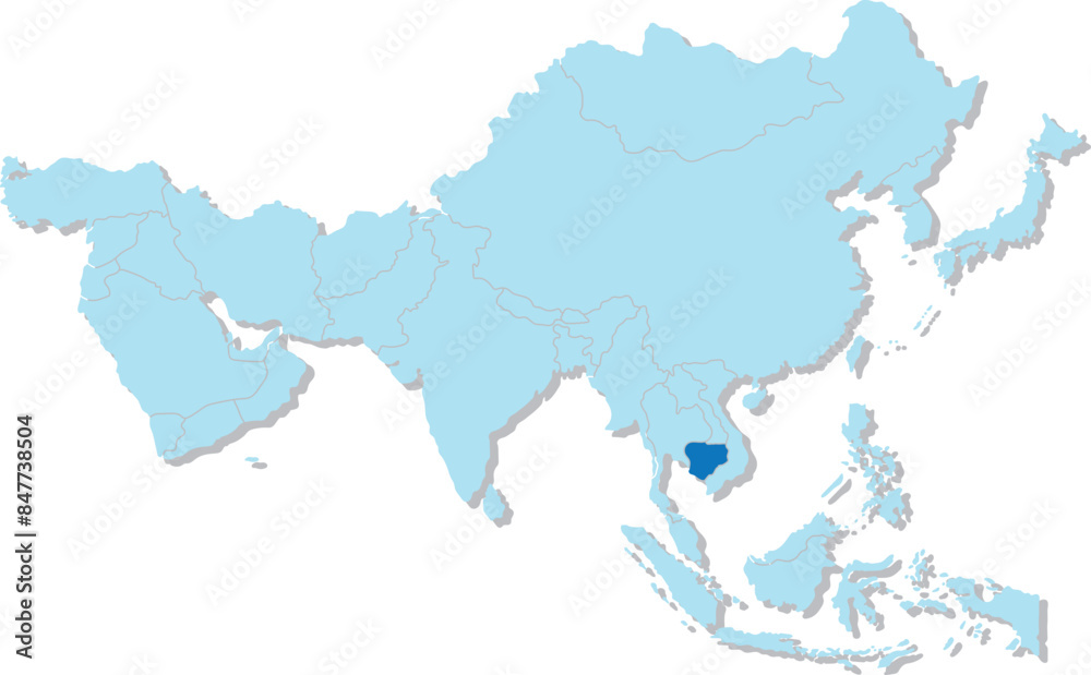 Obraz premium Highlighted blue map of CAMBODIA inside light blue 3D blank political map of Asia orthographic projection on transparent background, without Russia