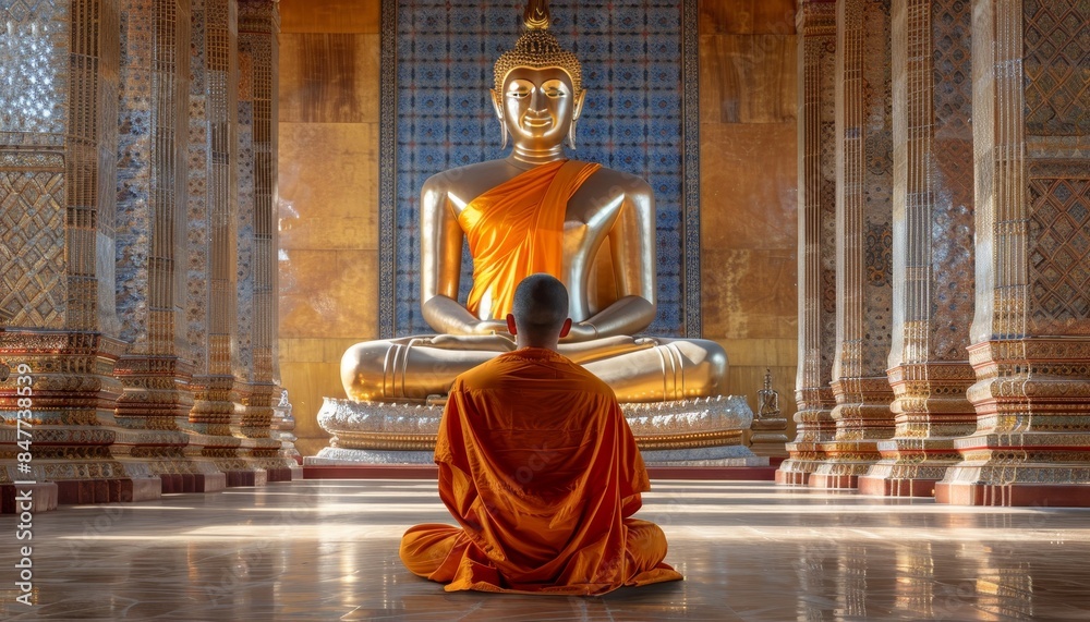 Asian monk meditating in buddhist temple, reflecting on spiritual concepts in digital ai art Asian monk meditating in buddhist temple, reflecting on spiritual concepts in digital ai art