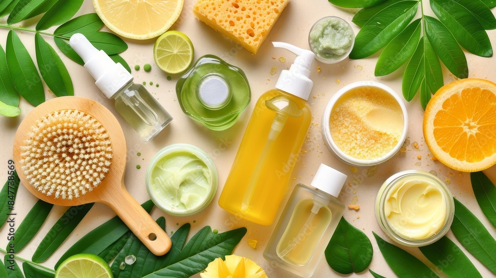 Green leaf flat lay featuring natural beauty products for a relaxing self care routine
