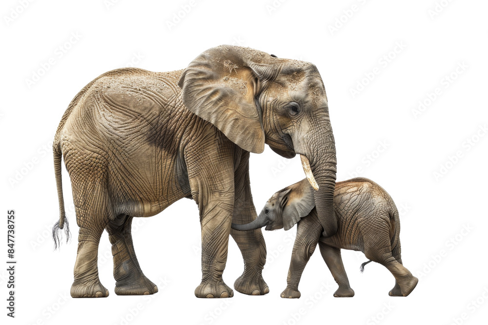 Obraz premium Close-up of an adult elephant with a baby elephant, showcasing the bond and natural behavior in their natural habitat.