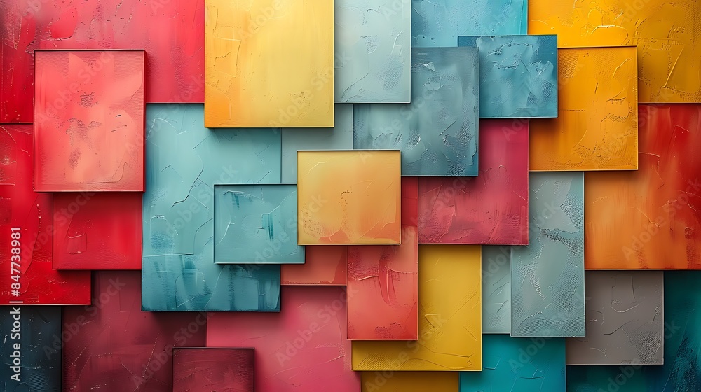 Color-blocked rectangles in a modern art style, soft pastel hues, hd quality, digital illustration, smooth transitions, geometric precision, elegant simplicity, artistic composition, calming.