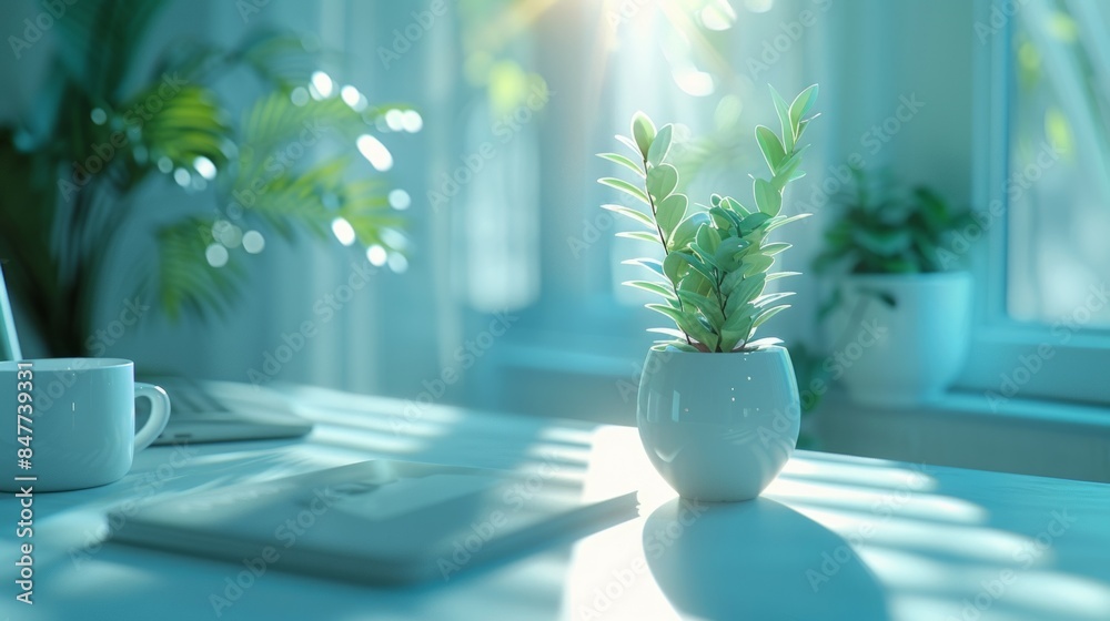 close up on a modern and elegant desktop, bright theme , white color, light blue accent. close up on a modern and elegant desktop, bright theme , white color, light blue accent.