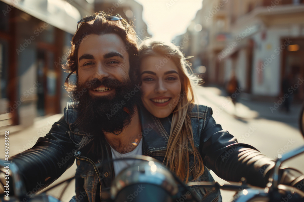 A joyful couple rides a motorcycle down a sunlit street, with the wind in their hair and broad smiles, radiating happiness and adventure. A joyful couple rides a motorcycle down a sunlit street, with the wind in their hair and broad smiles, radiating happiness and adventure.