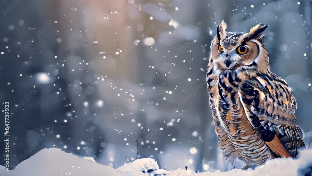 Video of large owl is standing in the snow, looking at the camera. Christmas owl is looking to the right.