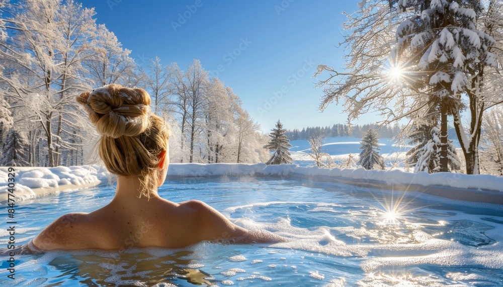 Woman enjoying tranquil snowy forest view while relaxing in outdoor tub at luxurious spa resort Woman enjoying tranquil snowy forest view while relaxing in outdoor tub at luxurious spa resort