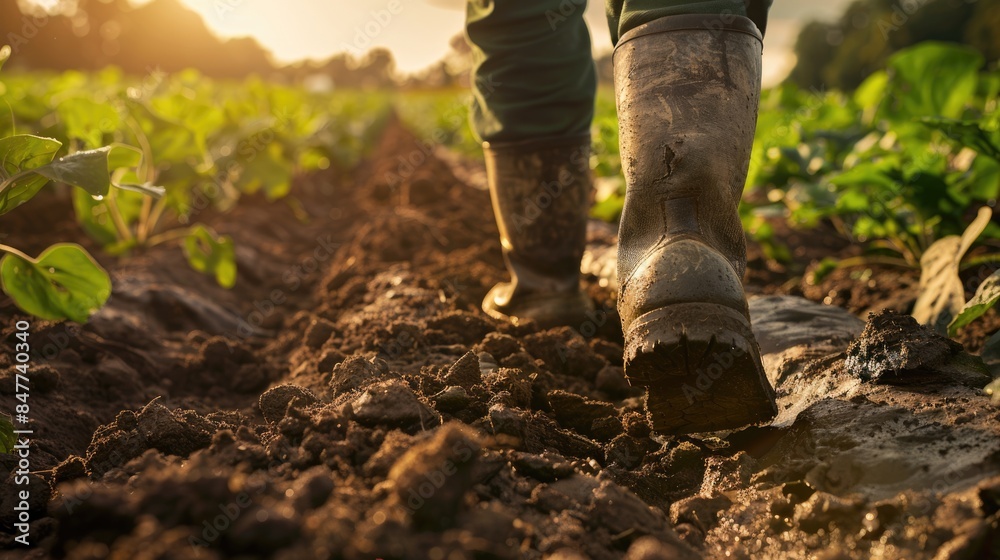 Farmer's Boot Stepping into Muddy Soil at Sunset in Lush Vegetable Field Farmer's Boot Stepping into Muddy Soil at Sunset in Lush Vegetable Field