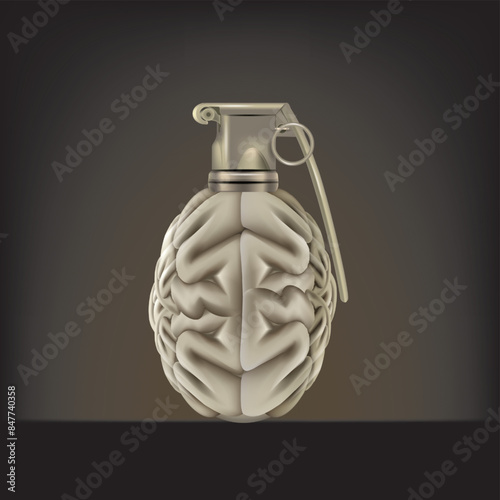 Hand grenade in the shape of human brain, brain storming concept, mental health concept