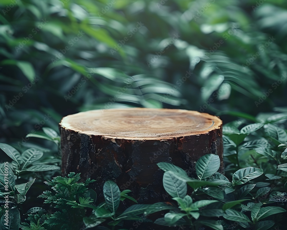 A tree stump podium in the jungle, surrounded by lush greenery and exotic plants. creating an enchanting atmosphere for product display or presentatio A tree stump podium in the jungle, surrounded by lush greenery and exotic plants. creating an enchanting atmosphere for product display or presentatio