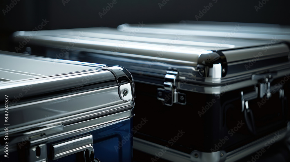 Close-up of sleek metal storage cases, showcasing their sturdy and modern design. Ideal for industrial themes, equipment storage, and professional use. Close-up of sleek metal storage cases, showcasing their sturdy and modern design. Ideal for industrial themes, equipment storage, and professional use.