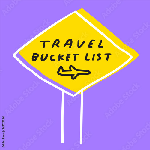 Sign - travel bucket list. Vector hand drawn illustration on purple background.
