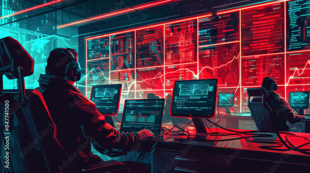 Dramatic digital artwork of a computer control center under a hacker ...