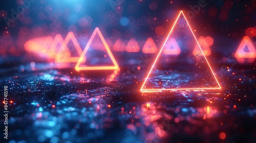 Neon triangles with glowing edges on a dark, moody background, shades of blue and purple, hd quality, digital art, futuristic feel, high contrast, geometric precision, modern design.