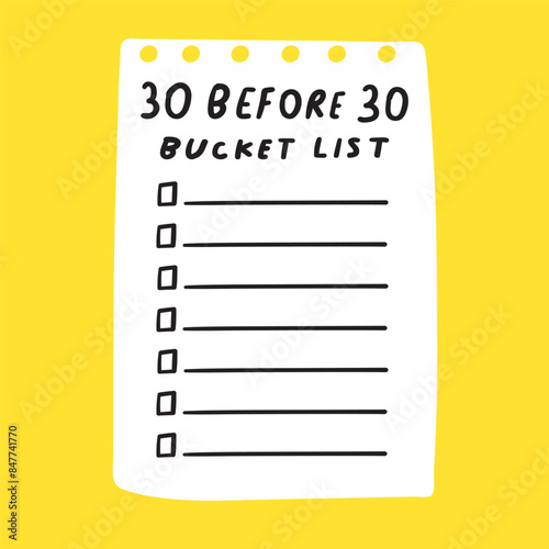 30 before 30. Funny bucket list. Vector hand drawn illustration on yellow background.
