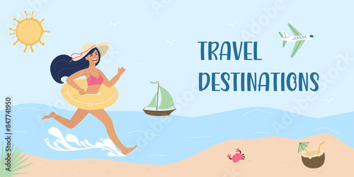 Summer travel destinations banner. A happy woman is running with a swimming ring, an airplane is flying, a yacht is sailing, a coconut cocktail, a crab in the sand. Vector design template