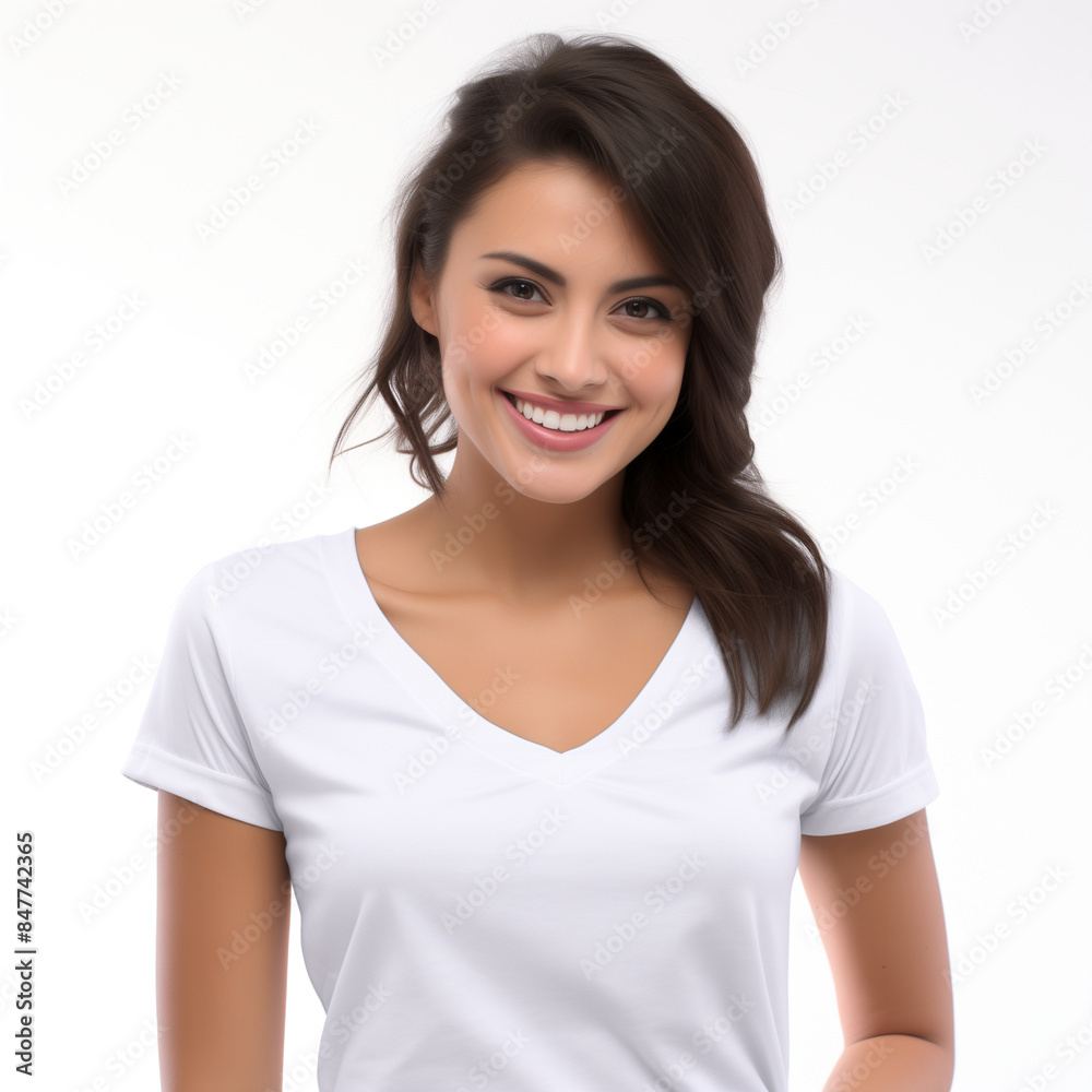 a Beautiful smiling italian woman 28 years old with black hair, white v-neck women's t-shirt a Beautiful smiling italian woman 28 years old with black hair, white v-neck women's t-shirt