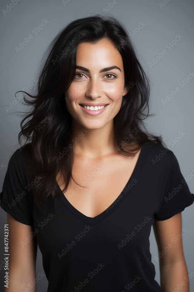a Beautiful smiling italian woman 28 years old with black hair, black v-neck women's t-shirt a Beautiful smiling italian woman 28 years old with black hair, black v-neck women's t-shirt