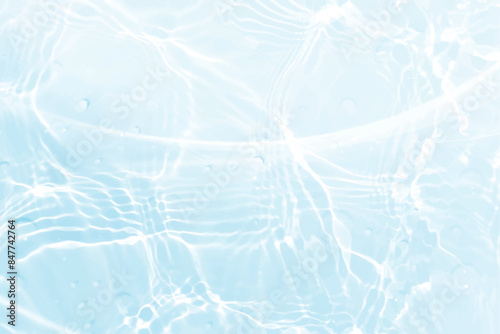 Blue water with ripples on the surface. Defocus blurred transparent blue colored clear calm water surface texture with splashes and bubbles. Water waves with shining pattern texture background.