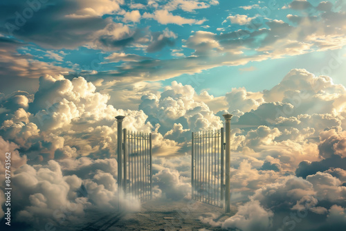 A serene digital artwork shows an ethereal gate amidst fluffy clouds, opening the way to a breathtaking sky, evoking a sense of divine tranquility and peace. © Victor Bertrand