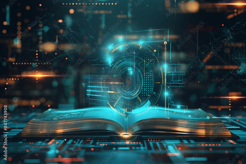 Fototapeta premium Futuristic Open Book with Digital Technology Interface and Cyber Elements.