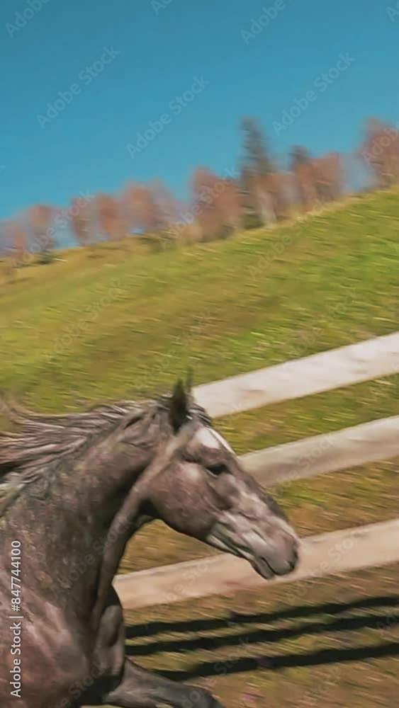 Fast dapple grey horse with waving streamy mane runs along ground with grass at paddock on sunny day first point view. Equine animals gallop slow motion Fast dapple grey horse with waving streamy mane runs along ground with grass at paddock on sunny day first point view. Equine animals gallop slow motion