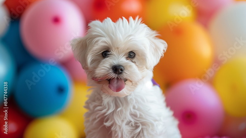  A white puppy, A West Highland White Terrier: A fluffy West Highland White Terrier in festive cheer, holding balloons.