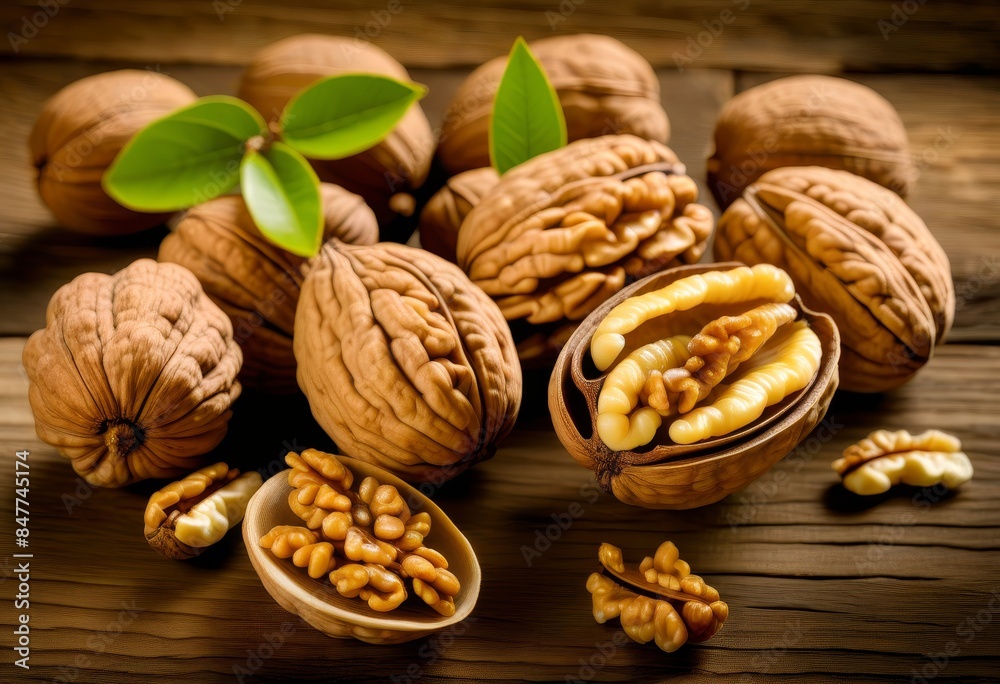 A wooden table with scattered walnut kernels and whole walnuts A wooden table with scattered walnut kernels and whole walnuts