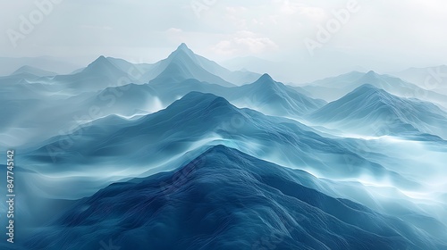 Triangles forming a mountainous landscape, shades of blue and teal, hd quality, digital art, smooth transitions, geometric precision, modern design, artistic composition, calming ambiance.