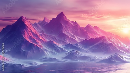 Triangles forming a mountainous landscape, shades of purple and pink, hd quality, digital rendering, smooth transitions, geometric precision, modern design, artistic composition, calming ambiance. © LuvTK