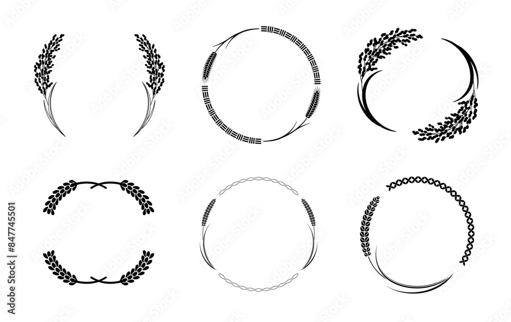 A set of retro Japanese-style labels with rice, wheat and rice motifs. Transparent background.