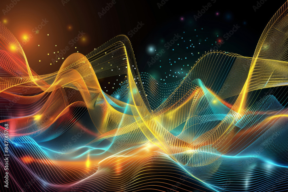 An energetic vector artwork featuring a vibrant mix of colorful waves in motion, creating a visually striking and dynamic abstract design on a dark background. An energetic vector artwork featuring a vibrant mix of colorful waves in motion, creating a visually striking and dynamic abstract design on a dark background.