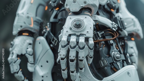A close-up view of a person wearing an exoskeleton suit, showcasing the intricate details of the mechanical joints and integrated technology, against a futuristic backdrop.