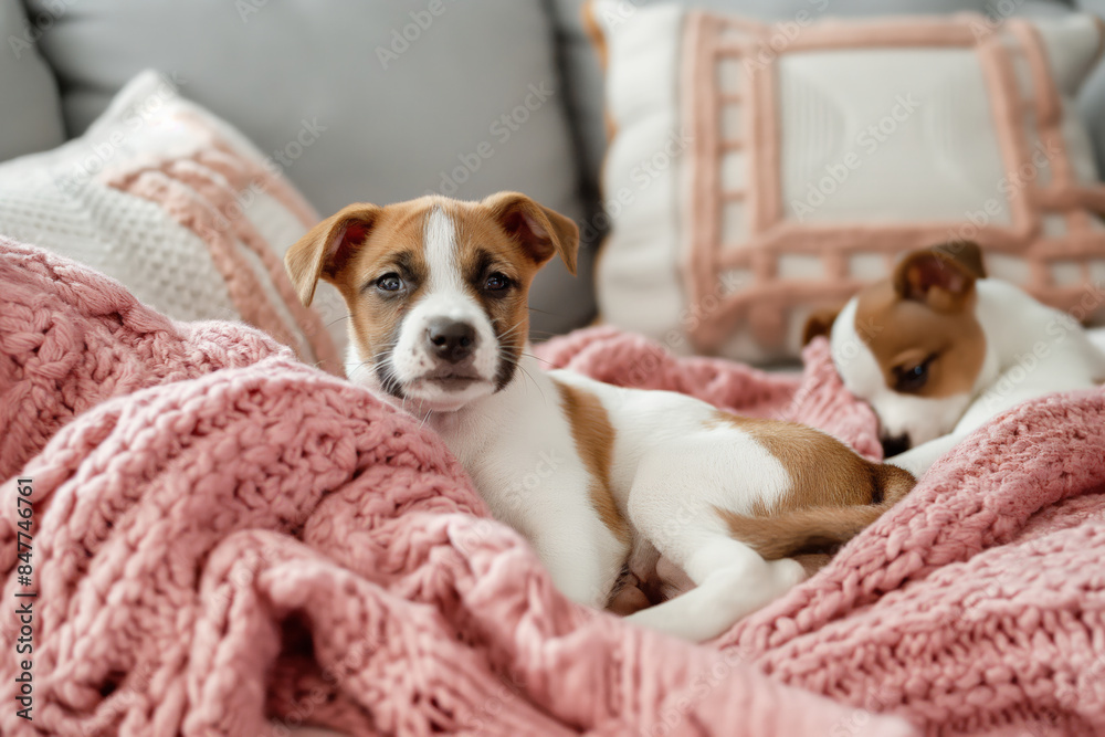 Two small puppies lying on a pink knitted blanket, looking cute and cozy with pillows in the background. Two small puppies lying on a pink knitted blanket, looking cute and cozy with pillows in the background.