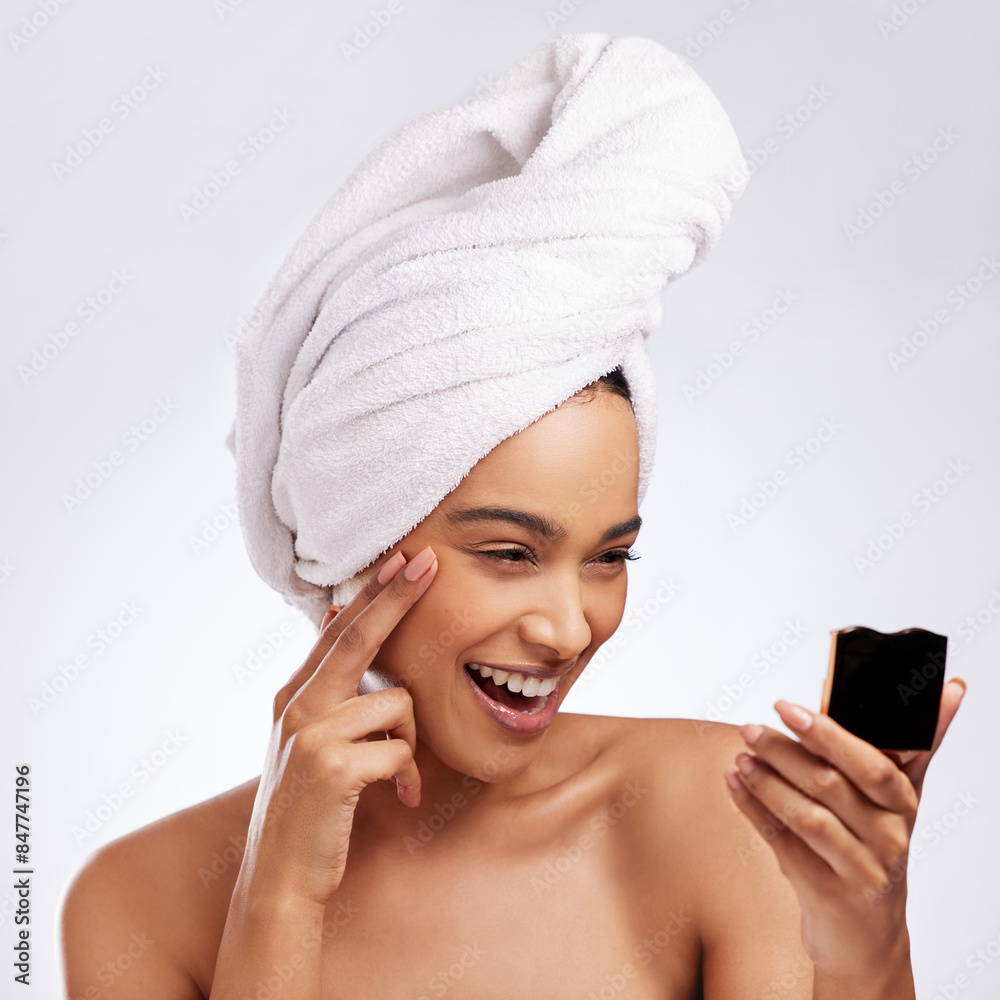 Mirror, woman and towel in studio for skincare with happiness, results and transformation. Wellness, model girl and pride or smile for spa treatment, collagen and glow or shine by white background Mirror, woman and towel in studio for skincare with happiness, results and transformation. Wellness, model girl and pride or smile for spa treatment, collagen and glow or shine by white background