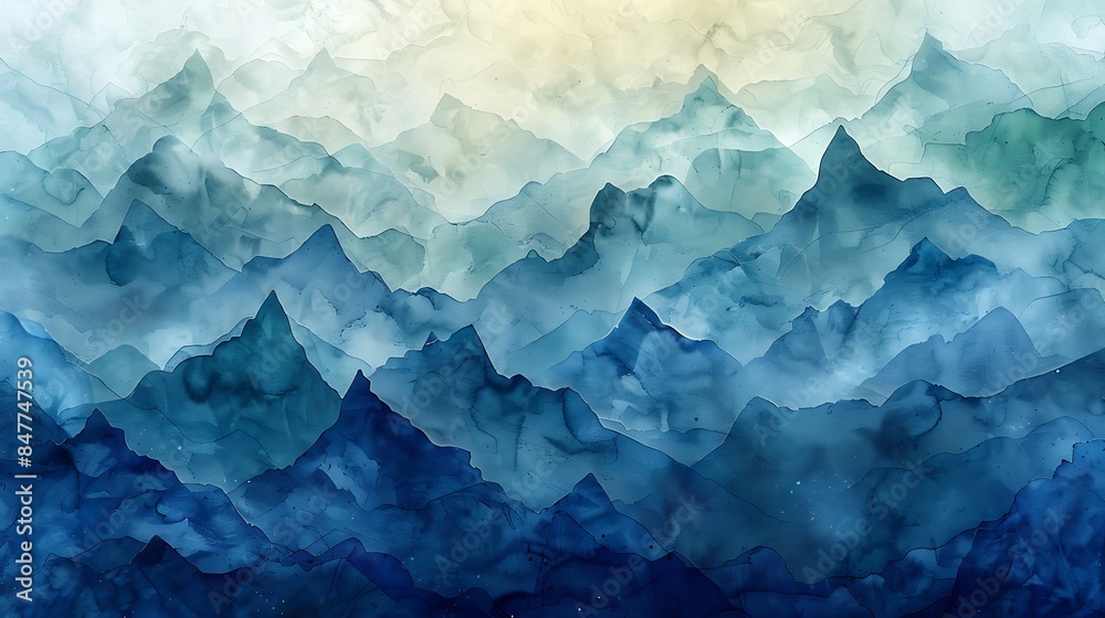 Obraz premium Watercolor filled triangles with soft edges, shades of blue and green, hd quality, digital illustration, smooth blending, geometric precision, modern design, artistic composition, serene and elegant.