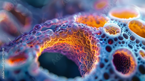 A visually striking representation of tissue engineering, featuring a close-up of a bioengineered organ under a microscope, showcasing the intricate cellular structure and scientif