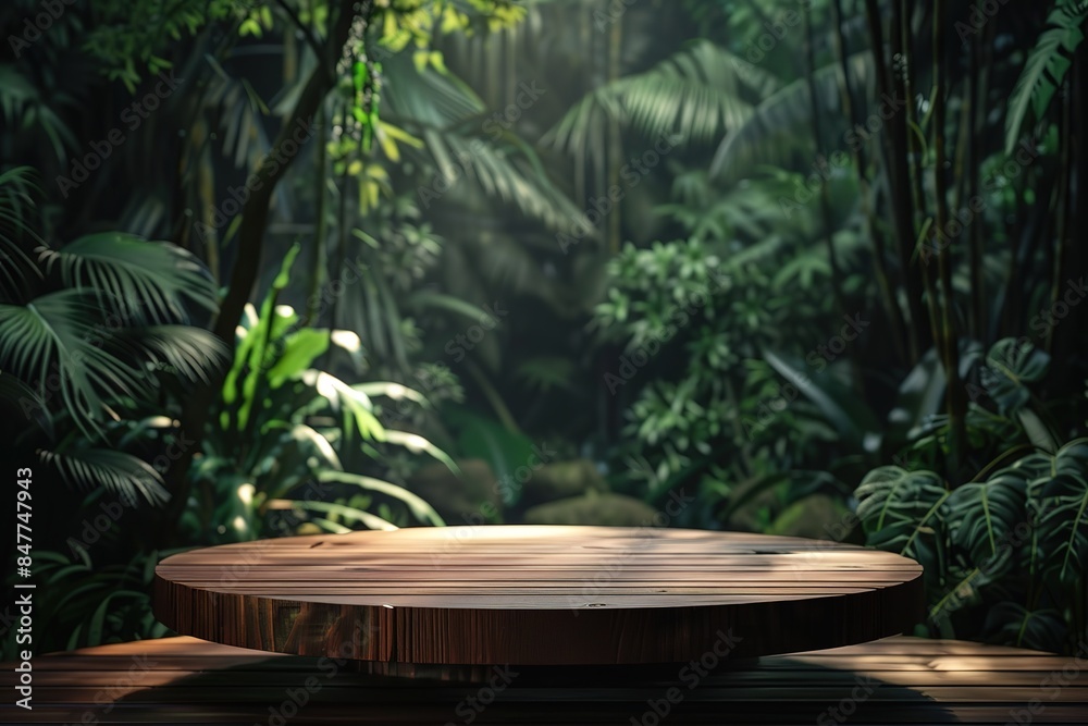 Wooden product display podium in jungle forest and sunshine shadow background. Wooden product display podium in jungle forest and sunshine shadow background.