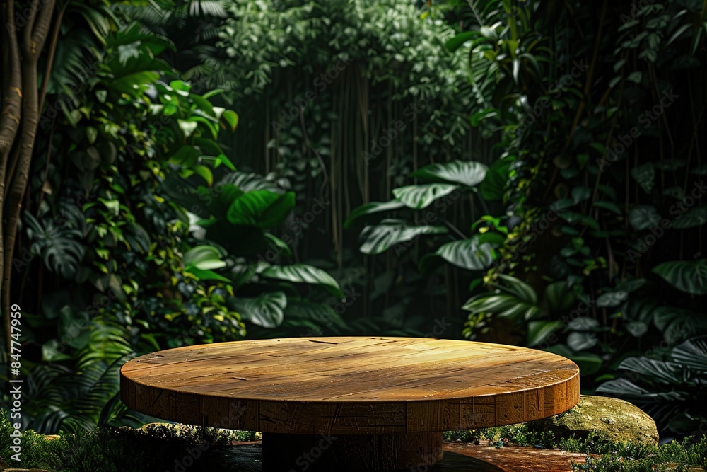 Wooden product display podium in jungle forest and sunshine shadow background.