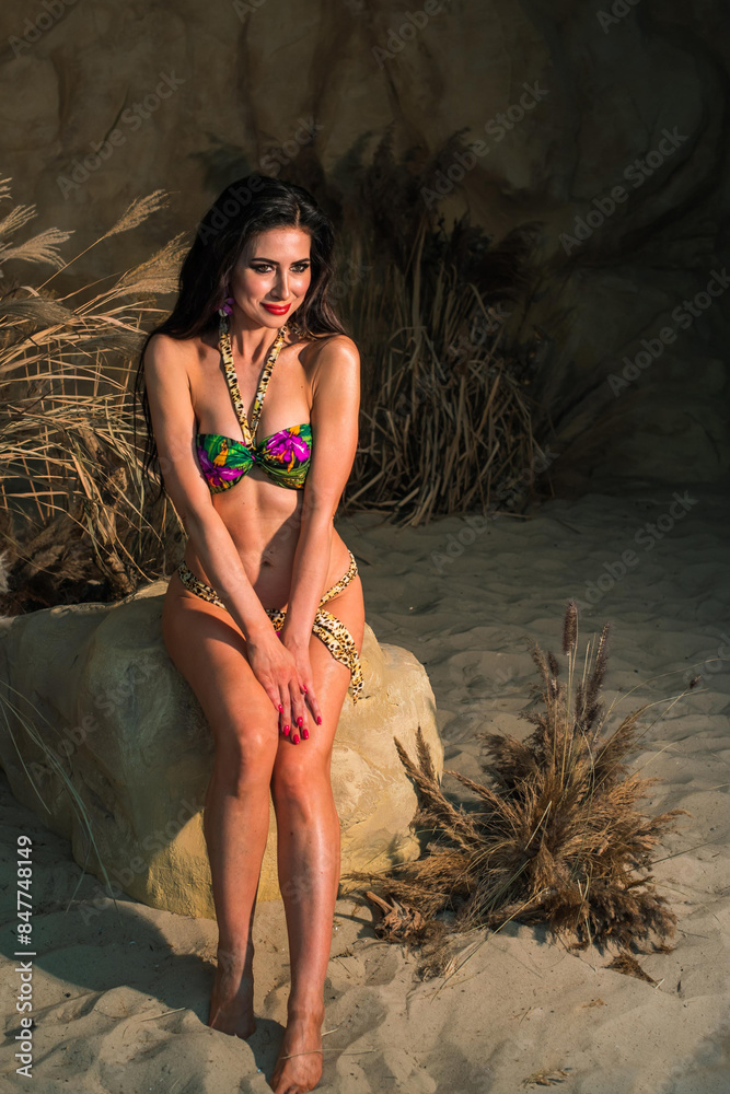 Naklejka premium Portrait of sexy asian woman in swimwear style . Fashionable mix clothes. Middle aged lady, fashion concept