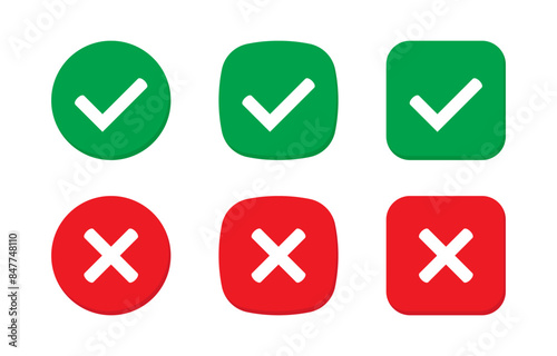 Right or wrong icons. Green tick and red cross checkmarks. Yes or no symbol, approved or rejected icon for user interface.