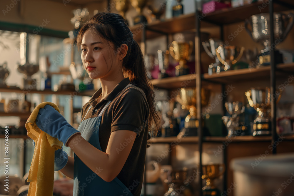 A woman focused on cleaning trophies in a trophy room, holding a yellow cloth and looking professional. A woman focused on cleaning trophies in a trophy room, holding a yellow cloth and looking professional.