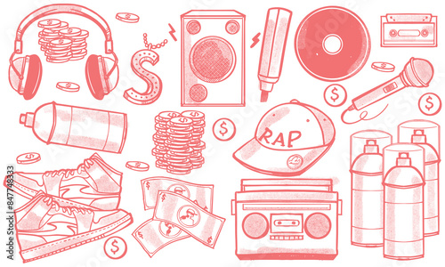 Pink hand drawn set of rap music doodle set. music instruments isolated on white background.
