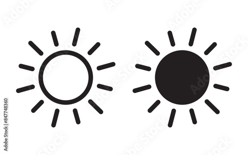 Sun icon, sun symbol isolated on white.