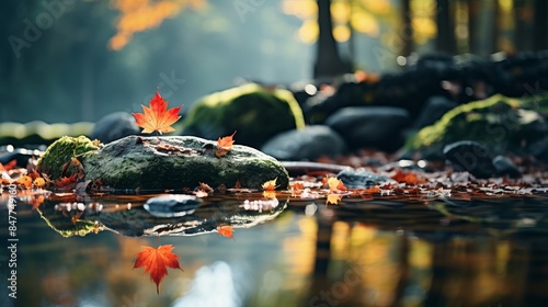 A leaf is on a rock in a body of water. The water is calm and the leaf is floating on top of it. Autumn background.